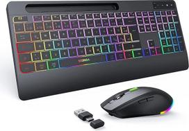 "seenda JPX006" belaidės apšviestos klaviatūros pelės rinkinys su USB-A ir USB-C prievadais, įkraunamas, ergonomiškas, su mobiliojo telefono laikikliu ir riešo atrama, tyliai veikiantys klavišai, skirtas "PC" ir "Mac" kompiuteriams - QWERTZ išdėstymas