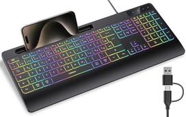 "seenda KOE200" laidinė klaviatūra su USB A ir USB-C kabeliu Apšviesta ergonominė klaviatūra su telefono laikikliu, tyliais klavišais, skirta "Windows/Tablet/Mac" - QWERTZ išdėstymas