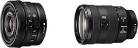 "Sony SEL24F28G" pilno formato FE 24 mm F2.8 G - aukščiausios klasės G serijos objektyvas su fiksuotu židinio nuotoliu ir FE 24-105 mm f/4 G OSS pilno formato standartinis priartinantis objektyvas (SEL24105G)