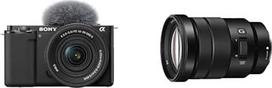 "Sony" ZV-E10K sisteminis fotoaparatas (APS-C) su 16-50 mm f/3,5-5,6 II galingo priartinimo objektyvu - pasukamas ir pasukamas ekranas, automatinis fokusavimas realiuoju laiku, idealiai tinka blogeriams ir pradedantiesiems + SELP18105G