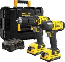 "Stanley Fatmax V20" akumuliatorių rinkinys SFMCK465D2T (18 V, sudarytas iš akumuliatorinio gręžtuvo, akumuliatorinio smūginio veržliarakčio, 2 x 2,0 Ah ličio jonų akumuliatorių, 1 x įkroviklio, 1 x TSTAK dėžutės)