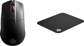 "SteelSeries Rival 3 Wireless" - belaidė žaidimų pelė - daugiau kaip 400 valandų veikianti baterija ir "QcK Mini" - žaidimų pelės kilimėlis - audinys - guminis pagrindas - juoda (250 mm x 210 mm x 2 mm)