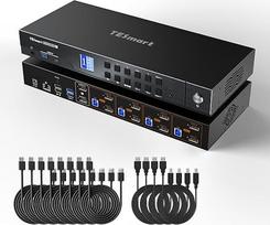 "TESmart 4K@144Hz DisplayPort" KVM jungiklis 2 monitoriai 4 kompiuteriai, USB 3.0 DP 1.4, 4 kompiuterių dviejų monitorių KVM jungiklis 8K @ 60Hz dokinė stotelė su EDID, gigabitiniu tinklu, sparčiųjų klavišų jungikliu, VRR, visomis jungtimis