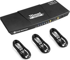 "TESmart" 3 prievadų USB-C KVM jungiklis 3 kompiuteriams 1 monitoriui, 4K @ 60Hz 3x1 USB C KVM jungiklis 3 in 1 Out nešiojamajam kompiuteriui, palaiko EDID, HDCP 2.2, USBC įkrovimo funkciją, infraraudonąją spinduliuotę, garso išvestį, su USB-A prievadu ir