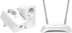 "TP-Link Powerline" adapterių rinkinys TL-PA7017P KIT (1000Mbps ir TL-WR840N N300 WLAN maršrutizatorius (300Mbps (2,4 GHz), 4 x 10/100Mbps LAN prievadai, IPv6, 2 išorinės antenos, WPS, prieigos taško režimas), baltas