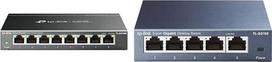 "TP-Link" TL-SG108E valdomas 8 prievadų Gigabit Ethernet LAN komutatorius juodas ir TL-SG105 5 prievadų Gigabitinio tinklo komutatorius (iki 2000Mbps visiškai dvipusis režimas, ekranuoti RJ-45 prievadai) mėlynas metalinis