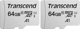 "Transcend" 64GB microSDHC 300S sparčioji atmintinė, UHS-I U1 A1, iki 100MB/s | Idealiai tinka išmaniesiems telefonams, planšetiniams kompiuteriams ir greitam programėlių veikimui (2 vnt.)