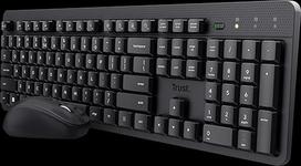 "Trust Ymo II" tylus belaidės klaviatūros ir pelės rinkinys QWERTY UK išdėstymas, plaukiojantys žemo profilio klavišai, atsparūs išsiliejimui, vienas USB imtuvas, dvipusė pelė, 800-1600 DPI, tylus derinys nešiojamajam kompiuteriui "Mac
