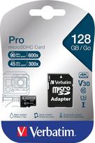 "Verbatim Pro U3 Micro SDXC" atminties kortelė su adapteriu, 128GB, duomenų saugykla 4K Ultra HD vaizdo įrašymui, juoda mikro SD kortelė, idealiai tinka veiksmo kameroms, fotoaparatams, išmaniesiems telefonams ir planšetiniams kompiuteriams
