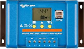 "Victron Energy BlueSolar" PWM LCD ir USB 12/24 voltų 5 amperų saulės įkrovos valdiklis