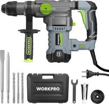 "WORKPRO SDS Plus" 1500 W plaktukinis gręžtuvas betonui, 5,5 džaulio, 4 režimai, kintamas greitis, 360° rankena, su priedais, kaltu ir dėklu, 930 R/Min, 4300 BPM, į betoną, 32 mm