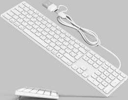 "Yivandi" pilno dydžio laidinė klaviatūra "Mac OS" - integruotas sulankstomas stovas, QWERTZ išdėstymas, laidinis prijungimas per USB A+C prievadą, "Plug and Play", skirta "iMac/Mac Mini/MacBook" nešiojamiesiems kompiuteriams