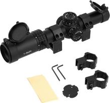 1-6X24 taktinis optinis taikiklis Antrasis židinio lygmuo Visiškai padengtas smūgiams atsparus optinis taikiklis su nemokamais 20 mm Picatinny ir 11 mm Dovetail žiedais