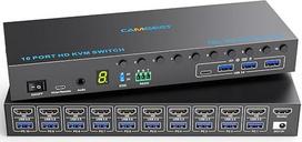 10 prievadų 8 prievadų KVM jungiklis HDMI 4K@60Hz EDID imitacija, USB 3.0 HDMI KVM jungikliai, skirti 10 kompiuterių, 1 monitoriui ir 4 USB įrenginiams, KVM jungiklis su garso RS232 laidiniu nuotolinio valdymo pultu ir 10 USB kabelių