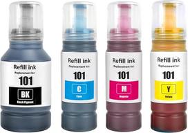 101 rašalas Suderinama su Epson 101 C13T03V14A C13T03V24A C13T03V34A C13T03V34A C13T03V44A rašalo kasetėmis, skirtomis L4150 L4160 L6160 L6170 L6190 (4 pakuotės, juodas pigmentas), žydras, purpurinis ir geltonas dažai)