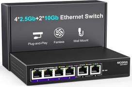 10Gbe Ethernet komutatorius su 2 x 10Gb RJ45 prievadais, 4 x 2,5Gb Base-T prievadais, montuojamas ant darbastalio / sienos NICGIGA 6 prievadų 10G tinklo komutatorius, skirtas belaidžiam prieigos taškui, NAS, kompiuteriui