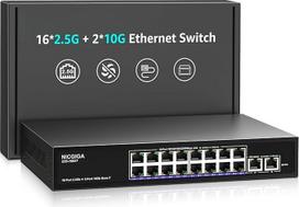 10Gbe Ethernet komutatorius, nevaldomas, su 2 x 10Gb RJ45 prievadais + 16 x 2,5Gb Base-T prievadais, montuojamas ant darbastalio / sienos NICGIGA 18 prievadų 10Gb/s tinklo komutatorius, skirtas belaidžiam prieigos taškui, NAS, kompiuteriui