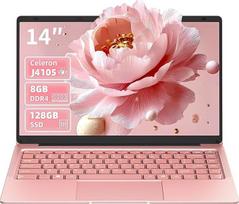 14 colių rožinio aukso spalvos nešiojamasis kompiuteris, 8GB DDR4 RAM, 128GB SSD, 4 branduolių procesorius "Celeron J4105", FHD ekranas, interneto kamera, "WiFi", USB 3.0 x2, mini HDMI, itin plonas nešiojamasis kompiuteris pradedantiesiems, vokiška klav