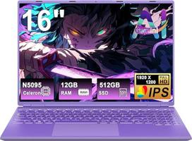 16 colių 12+512GB išplėtimas 1TB (HDD-2TB) 4 branduolių "Celeron N5095" (iki 2,9 GHz) 1920x1200 pikselių nešiojamasis kompiuteris su 2K 2.4+5G ekranu WiFi, mini HDMI prievadas Violetinė