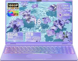 16 colių FHD nešiojamasis kompiuteris violetinės spalvos, 1 TB SSD, 16GB DDR4 RAM, keturių branduolių N95 procesorius iki 3,4 GHz (Beat N5095 N4120), veido atrakinimas, spalvota klaviatūra, HDMI, USB 3.0, C tipo, WLAN, 5000 mAh nešiojamasis kompiuteris