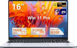 16 colių nešiojamasis kompiuteris, 16GB RAM, 512GB SSD "Celeron N100" (iki 3,4 GHz), nešiojamojo kompiuterio procesorius, 1200P FHD IPS ekranas, apšviesta klaviatūra, "WiFi 5", BT5.0, USB 3.0 ir mini HDMI