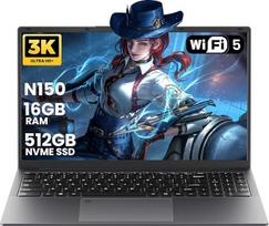 16 Zoll 3K nešiojamasis kompiuteris, 512GB NVMe SSD, 16GB RAM, 4 branduolių N150(Beat N95 N5095) 3,6 GHz, pirštų atspaudai, QWERTY apšvietimas KB, interneto kamera, HDMI, USB-C, RJ45, 6000 mAh, skirtas verslui ir studentams, pilkos spalvos
