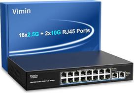 18 prievadų 2,5G Ethernet komutatorius su dviem 10GBASE-T prievadais, "Vimin" 16X 2,5G + 2 x 10Gb RJ45 prievadų nevaldomas komutatorius, 120Gb/s talpa, 2,5G/10G komutatorius, stalinis / sieninis tinklo komutatorius, skirtas NAS, kompiuteriui, prieigos ta