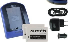 2 akumuliatoriai ir įkroviklis (maitinimo tinklas + automobilis + USB), skirti "Canon LP-E8" / EOS 550D, 600D, 650D, 700D / "Rebel T2i", T3i, T4i, T5i