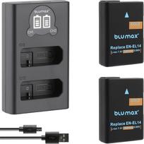 2 x "Blumax" baterija, suderinama su "Nikon" EN-EL14 [1300 mAh] + plonas dvigubas įkroviklis EN-EL14a, skirtas D3100 D3500 D5200 D5500 D5600 DF/CoolPix P7200 P7800 P8000