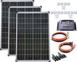 3 x 100 W poli saulės modulių rinkinys 20 A įkrovimo valdiklis Geltonas montavimo kampas Kabelio kištukas Pilnas komplektas Saulės modulių fotovoltinė salos sistema