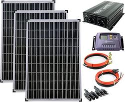 3 x 100 W poli saulės modulių rinkinys 20 A įkrovos valdiklis Geltonas įtampos keitiklis 1500 W Modifikuotas kabelio kištukas Pilnas komplektas Saulės modulių fotovoltinė salos sistema