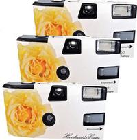 3 x 1A Photo PORST vienkartinis fotoaparatas "Yellow Wedding Rose" su blykste, baterijomis ir juosta (3 vnt., po 27 kadrus)