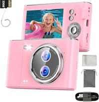 32GB skaitmeninis fotoaparatas Vaikų fotokamera: Vaikų fotoaparatas su 2,8 colių 4K ekranu, 48 MP Vlogging kamera "YouTube" 16X skaitmeninio priartinimo kompaktiškas fotoaparatas fotografijai rožinis