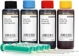 4 x 100 ml spausdintuvo rašalas, suderinamas su HP 302, HP 304 juodos, žydros, purpurinės, geltonos spalvos rašalo kasetėmis, komplektas su pildomuoju rašalu, pildomaisiais švirkštais ir pirštinėmis (ne OEM)