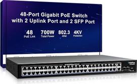 48 prievadų Gigabit PoE komutatorius su 2x1000Mbps Uplink, 2x1000Mbps SFP, GiGaPlus 48 prievadų IEEE802.3af/at PoE @700W, VLAN palaikymas, metalinis korpusas, montuojamas ant stalo arba sienos, Plug & Play