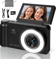 4K 64MP skaitmeninis fotoaparatas su grožio šviesa ir grožio režimu Automatinio fokusavimo fotoaparatas Kompaktiškas vaizdo dienoraščio fotoaparatas 3 colių 180° pasukamas ekranas 18X skaitmeninis priartinimas 20 filtrų 32G kortelė vaikams paaugliams