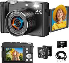 4K 64MP skaitmeninis fotoaparatas, 2,8 colio 18 kartų skaitmeninis priartinimas UHD kompaktiškas fotoaparatas - 180 laipsnių automatinio fokusavimo įkraunama vaizdo dienoraščio kamera su 32GB kortele ir 2 baterijomis, skirta vaikams, pradedantiesiems, pa