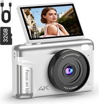 4K Digitalkamera für Fotografie, 64MP Vlogging-Kamera für YouTube mit 3 Zoll 180° Flip Screen & Anti-Shake, 16X Digitalzoom Kompakte Reisekamera mit 32GB Micro SD-Karte für Anfänger Teenager