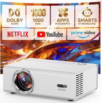 4K išmanusis projektorius su "WiFi" ir "Bluetooth", KOGATA projektorius su automatiniu fokusavimu, 6D keystone, HDR10+, suderinamas su "Netflix" programėle ir "Dolby Audio", namų kino projektorius sodui ir transliacijai be televizoriaus