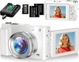 4K skaitmeninis fotoaparatas 48 MP automatinio fokusavimo kompaktiškas fotoaparatas su 32GB kortele, 3 colių 180° pasukamu ekranu, 16 kartų skaitmeninio priartinimo kompaktiškas fotoaparatas su 2 baterijomis pradedantiesiems (baltas)