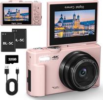 4K skaitmeninis fotoaparatas 64MP kompaktiškas fotoaparatas su atverčiamu ekranu, automatinis fokusavimas, 16x skaitmeninis priartinimas, su 32GB kortele, 2 baterijos, rožinės spalvos