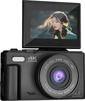 4K skaitmeninis fotoaparatas fotografavimui, 64 MP vaizdo dienoraščių kamera "YouTube", 3 colių x 180° sulankstomas IPS ekranas, 18x skaitmeninis priartinimas, kompaktiškas retro fotoaparatas su akumuliatoriumi (juodas)