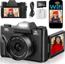 4K skaitmeninis fotoaparatas su "WiFi", 75 MP kompaktiški fotoaparatai - 3 colių 180 laipsnių automatinio fokusavimo įkraunama vaizdo įrašymo kamera su "WiFi", 32GB kortele ir 2 baterijomis, 16 kartų skaitmeninis priartinimas pradedantiesiems