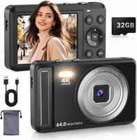 4K skaitmeninis fotoaparatas fotografavimui, 64 MP vaizdo įrašų kamera "YouTube", automatinis fokusavimas nuo drebėjimo, 16 kartų priartinimas, "nukreipk ir fotografuok" fotoaparatai paaugliams pradedantiesiems, 32GB žemėlapis