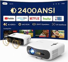 4K UHD projektorius 2400 ANSI liumenų, MEMC, dienos šviesos projektorius su Pasaulio futbolo čempionato ir tiesioginės TV transliacijos palaikymu, oficialus "Netflix", HDR10+, DD+, automatinis fokusavimas, 64GB, HDMI eARC, išmanusis projektorius namų kinu