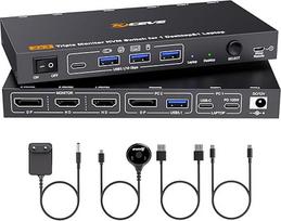 4K@60Hz USB C DP KVM jungiklis 1 kompiuteriui, 1 nešiojamajam kompiuteriui, 3 monitorių ir 4 USB 3.0 prievadų dalijimasis, PD 100 W nešiojamajam kompiuteriui, USB-C dokinis KVM jungiklis su maitinimo šaltiniu, laidiniu nuotolinio valdymo pultu ir USBA+USB