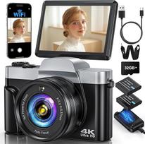 4K-Digitalkamera mit WiFi, 64 MP Autofokus, Vlogging-Kamera, kompakte Reisekameras für Fotografie, 7,6 cm (3 Zoll), 180° Flip-Bildschirm, 16-facher Zoom, Blitz, Anti-Shake, 32GB Karte, 2 baterijos