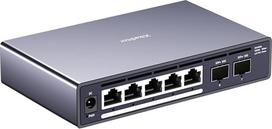 5+2 prievadų 2.5GbE PoE+ komutatorius su 2x 10G SFP+, 100W, 5X PoE prievadai (iki 30W), nevaldomas, be ventiliatoriaus, "Plug & Play", montuojamas ant darbastalio / sienos, skirtas NAS, IP kameroms, biurams