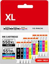 550 XL 551 XL suderinama su "Canon" 551 550XL, skirta "Canon MX925" MX725 IP7250 IX6850 MG5450 MG5550 MG5650 MG6450 MG6650 (PGI 550 PGBK Black, CLI 551 Black Cyan Cyan Magenta Magenta Yellow, 15 vnt.)