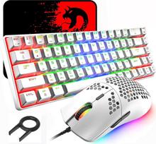 60 % mechaninė žaidimų klaviatūra, mėlynas jungiklis, mini 68 klavišai, laidinė C tipo, 18 apšvietimo efektų + lengva optinė RGB pelė su 6400 DPI "Honeycomb" pele + didelis pelės kilimėlis - baltas